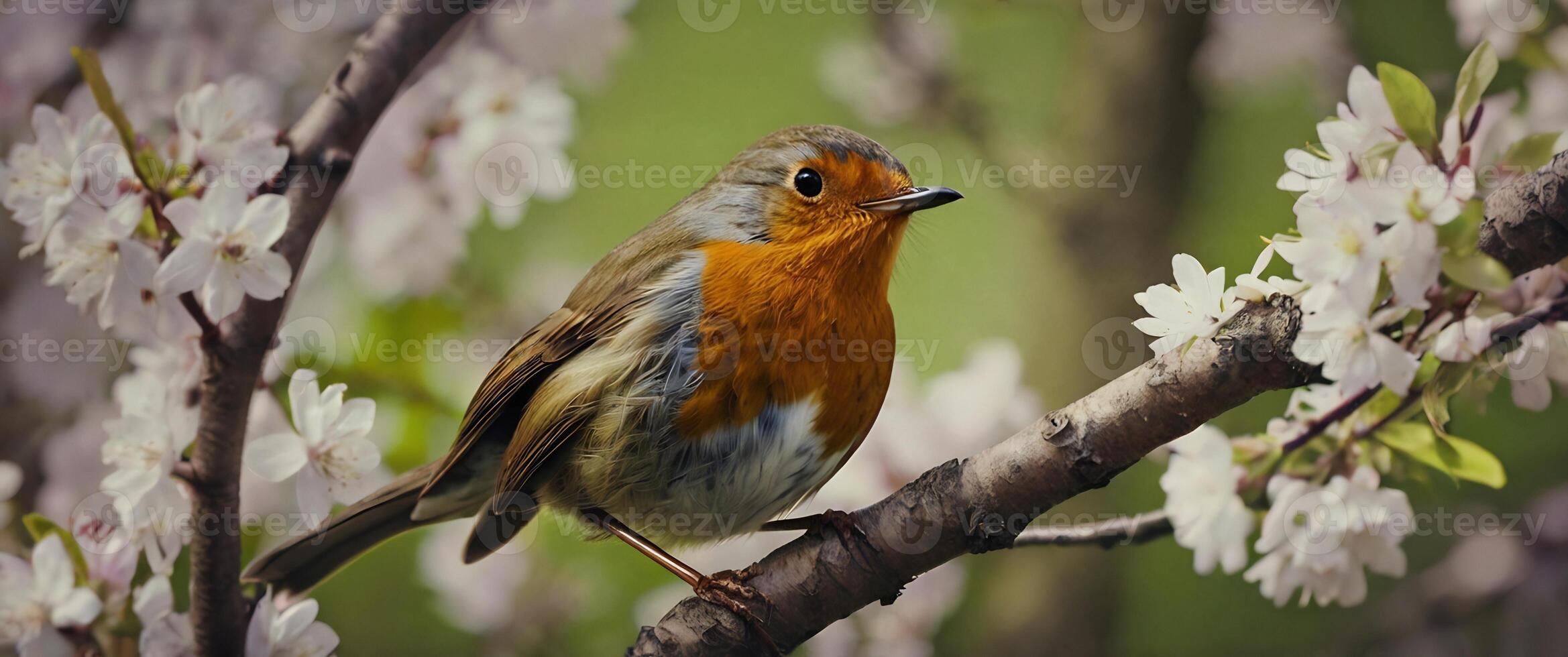 A robin is perched on a branch with flowers photo