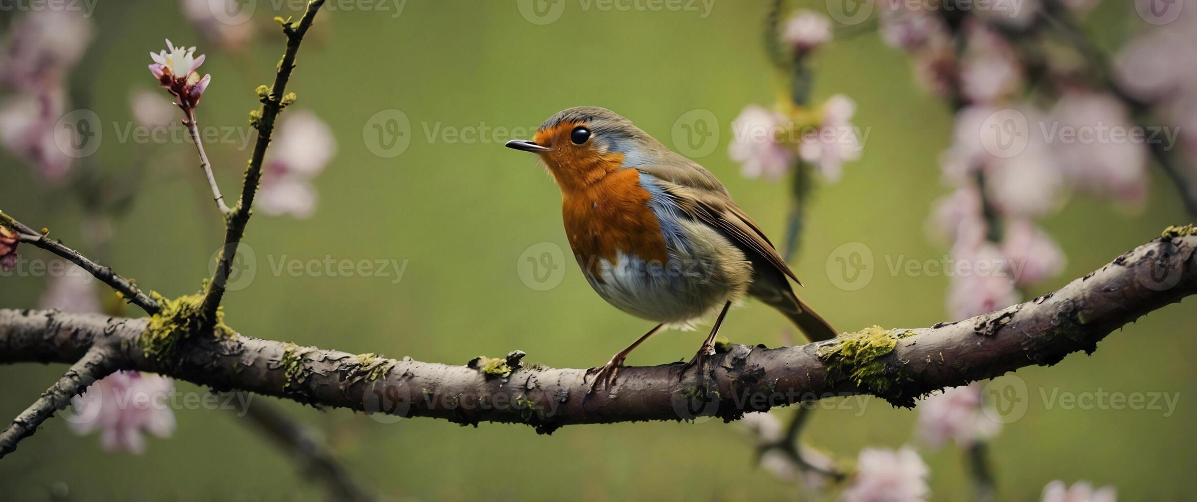 A robin sits on a branch in front of a blossoming tree photo