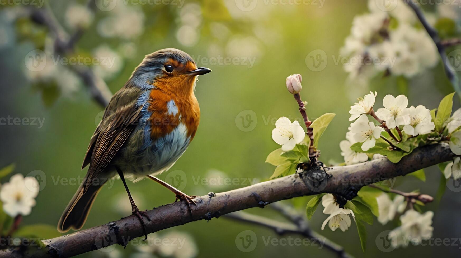 A bird sitting on a branch with flowers photo