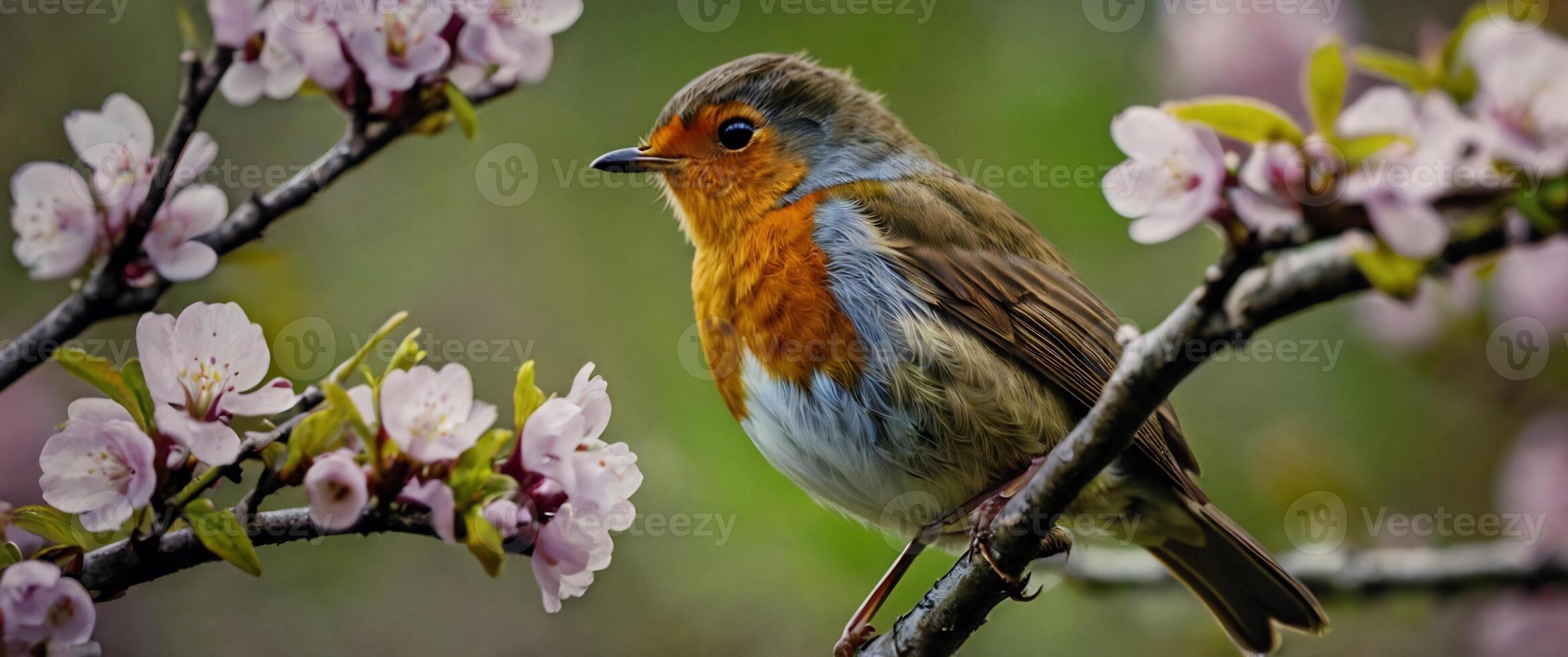 A bird sitting on a branch with flowers photo