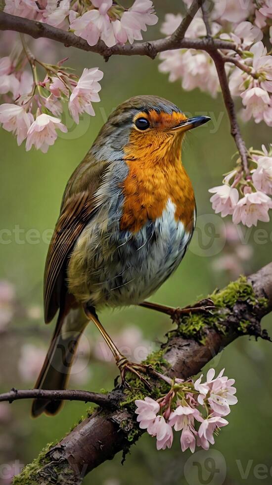 A robin sits on a branch with pink flowers photo