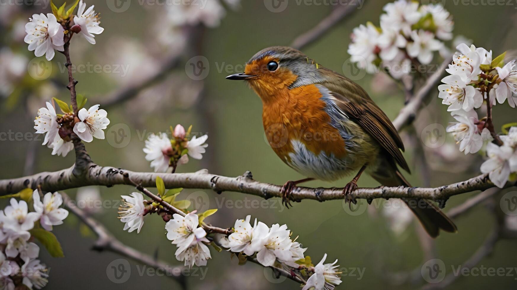 A robin sits on a branch of a tree with flowers photo