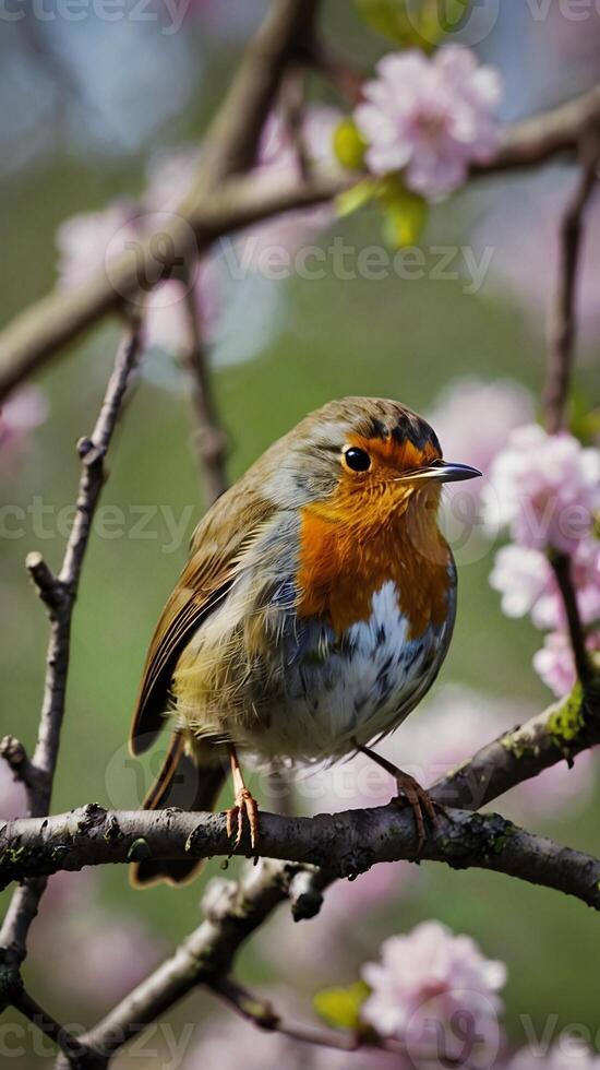 A robin sits on a branch with pink flowers photo