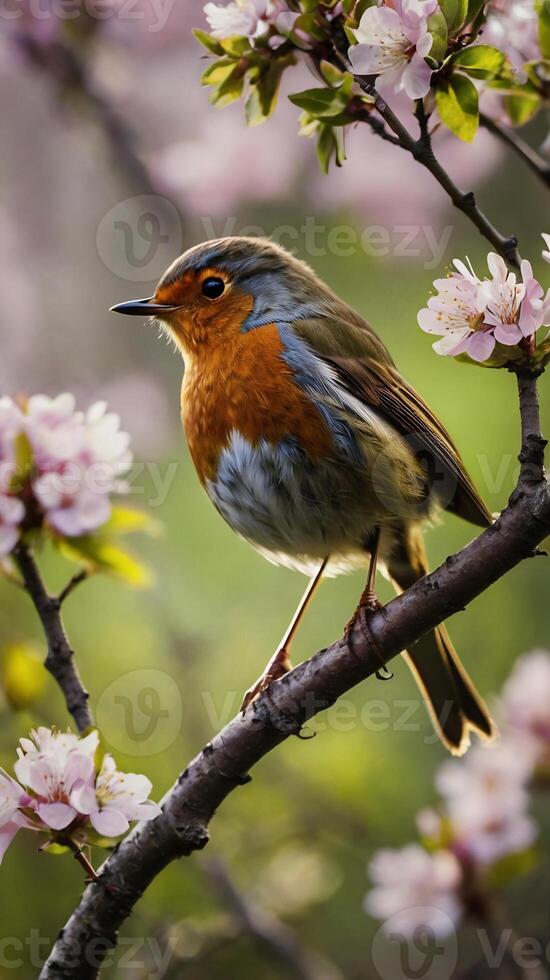 A robin sits on a branch with flowers photo