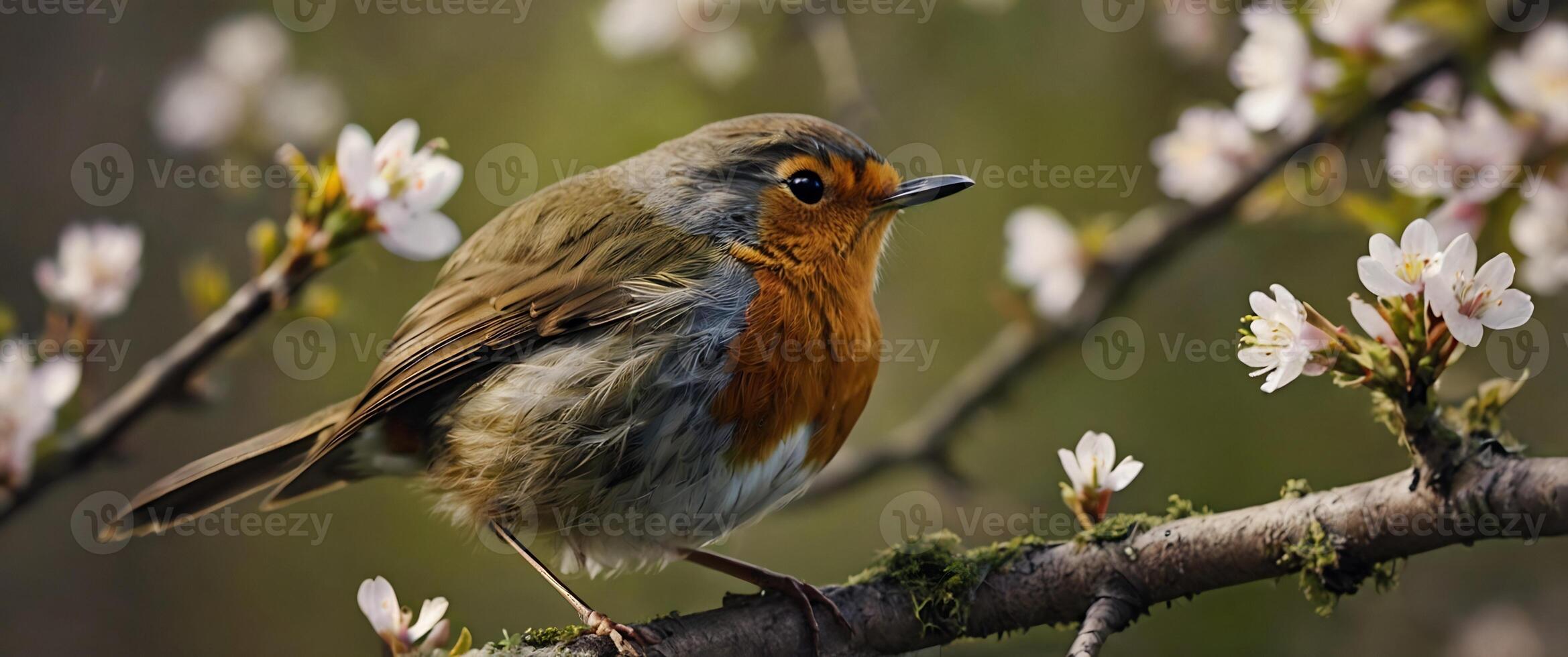 A robin sits on a branch with flowers photo