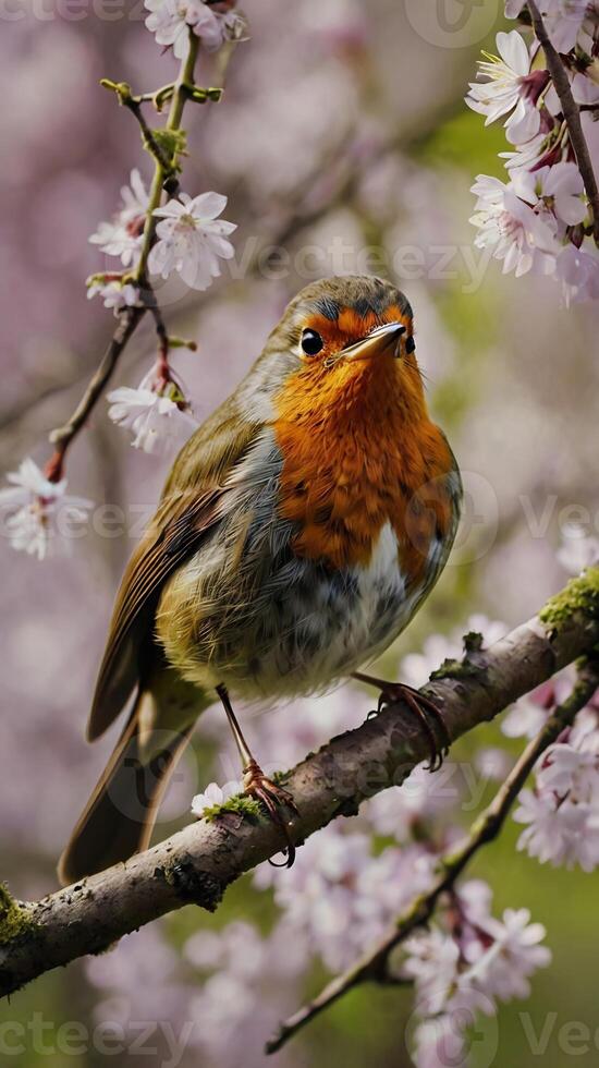 A robin sits on a branch with flowers photo