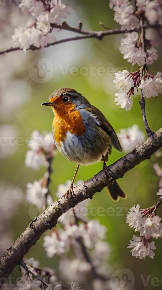 A robin sits on a branch of a tree photo