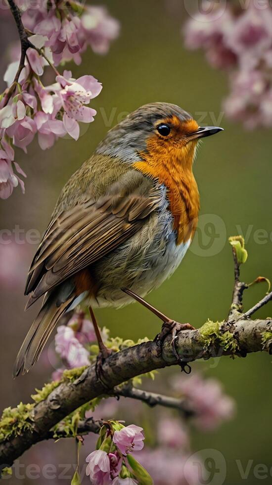 A robin sits on a branch with pink flowers photo