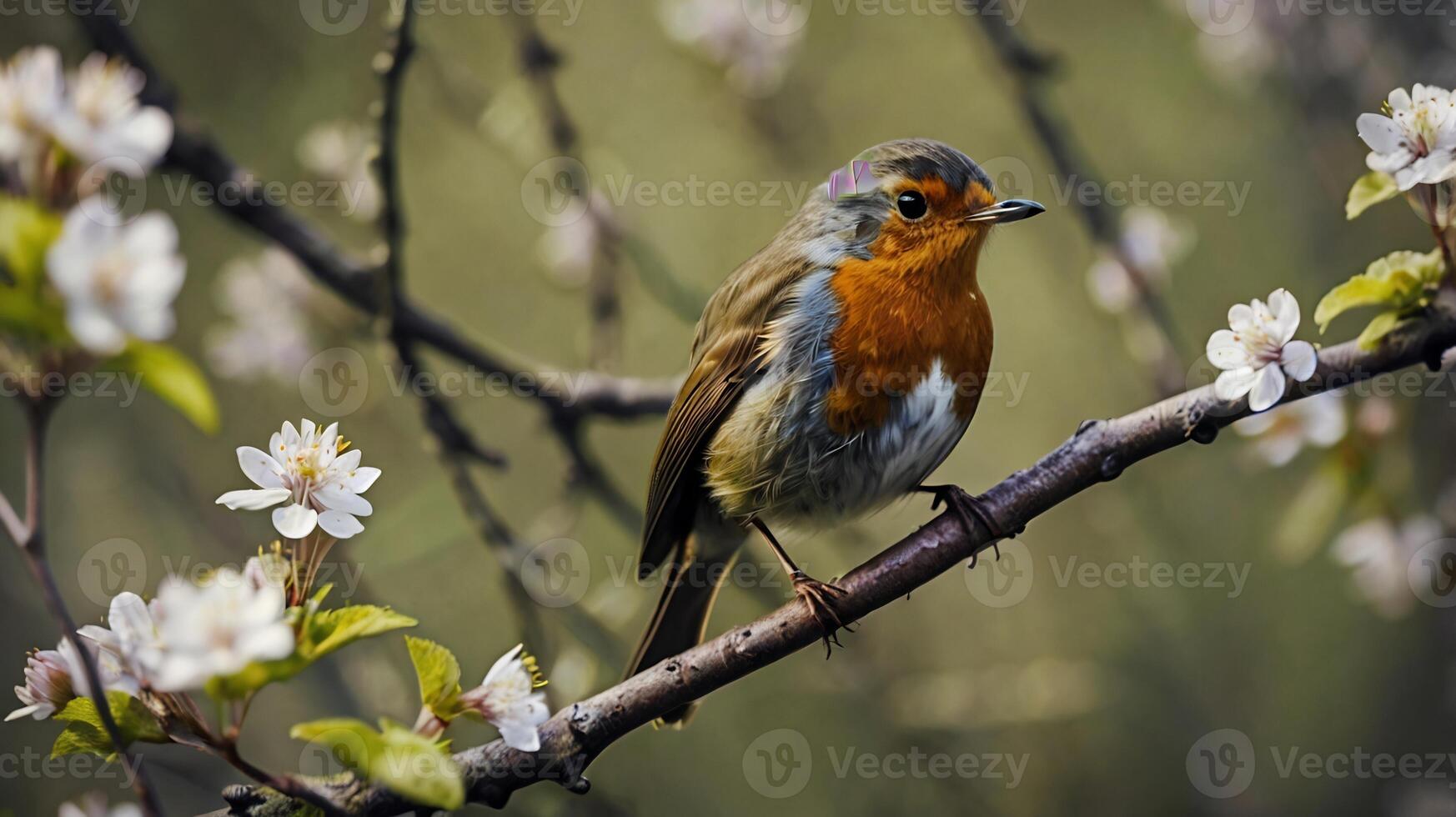A robin sits on a branch with flowers photo