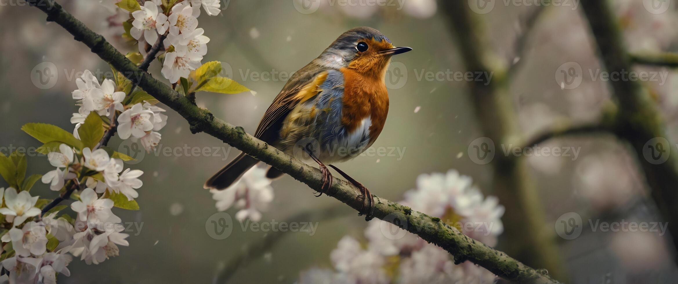 A robin sits on a branch in the rain photo