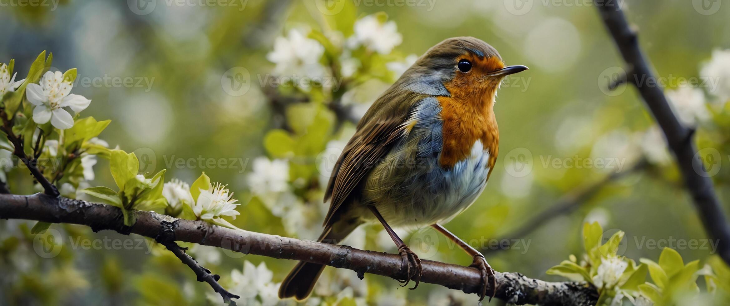 A bird sitting on a branch with flowers photo
