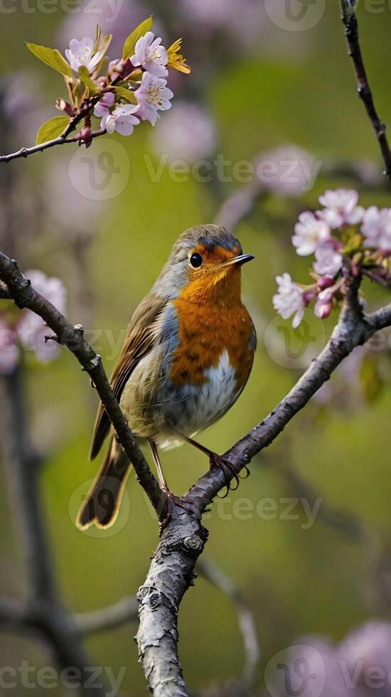 A robin sits on a branch with flowers photo