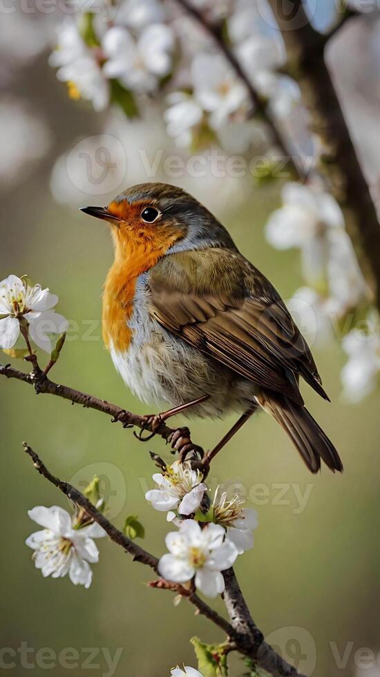 A robin sits on a branch of a tree with flowers photo
