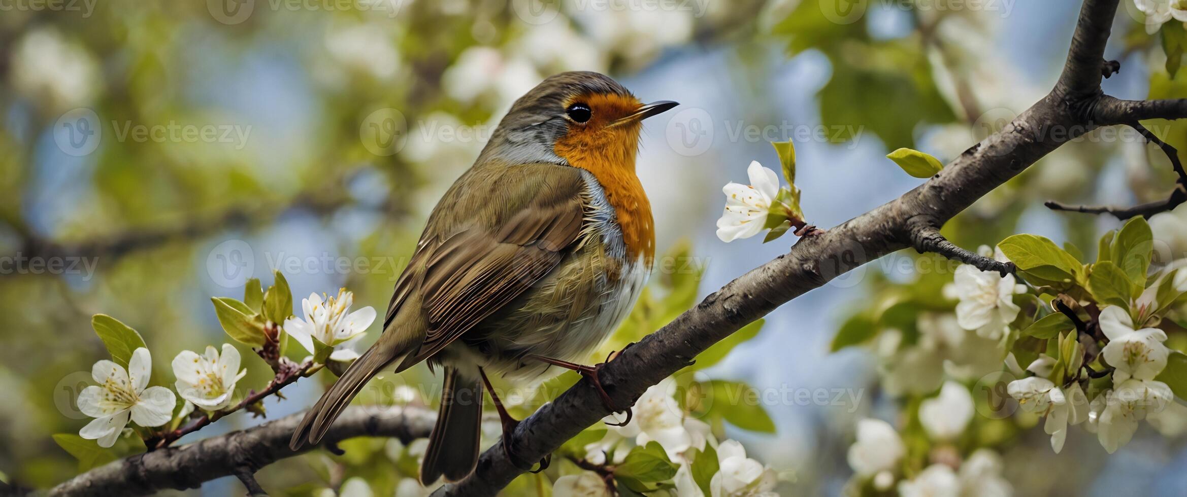 A bird is sitting on a branch with flowers photo