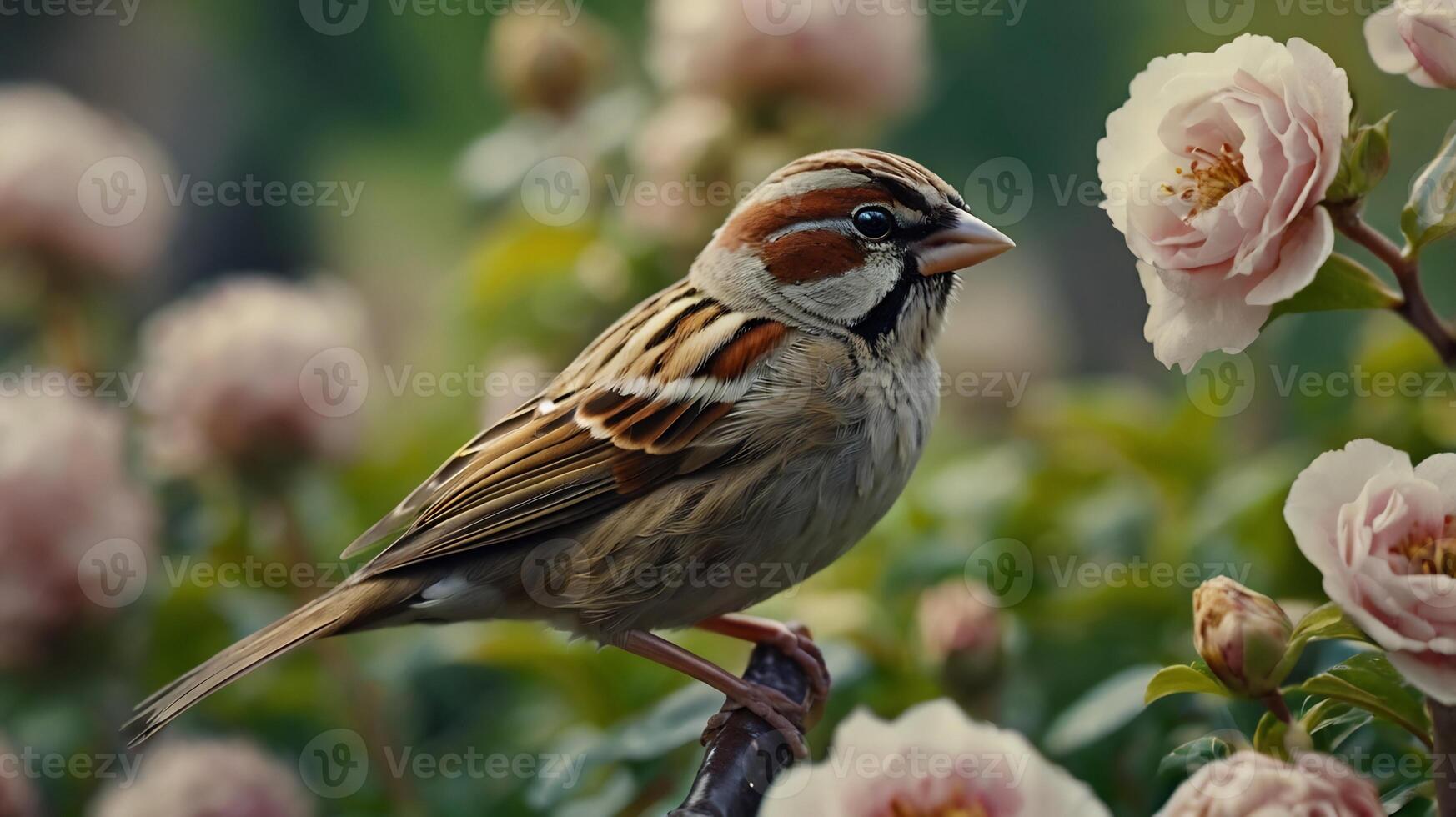 A bird is sitting on a branch with pink flowers photo