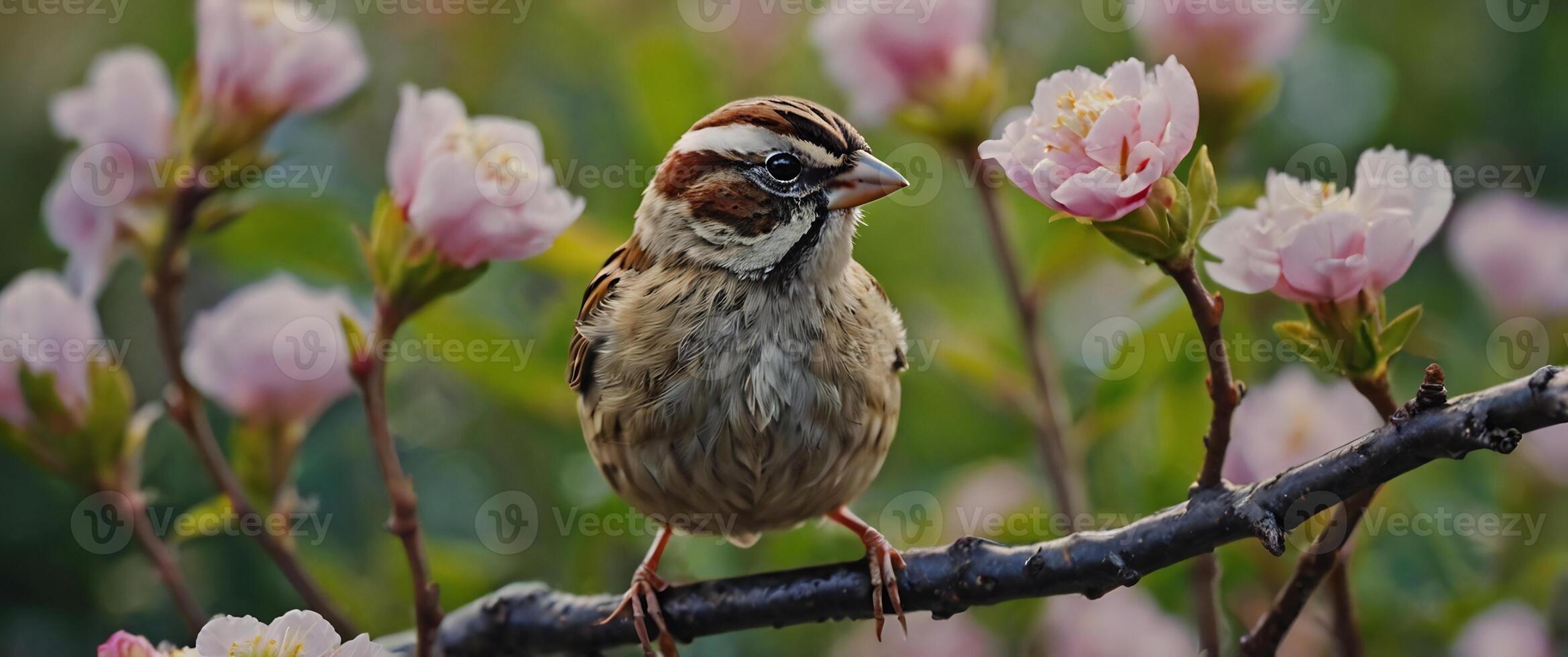 A bird is sitting on a branch with pink flowers photo
