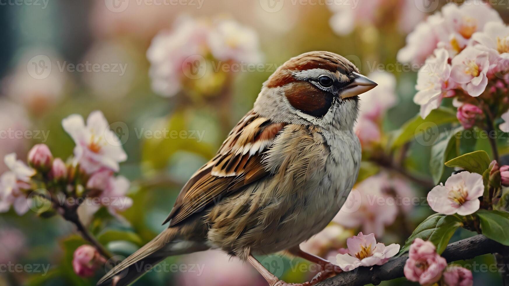 A bird is sitting on a branch with flowers photo