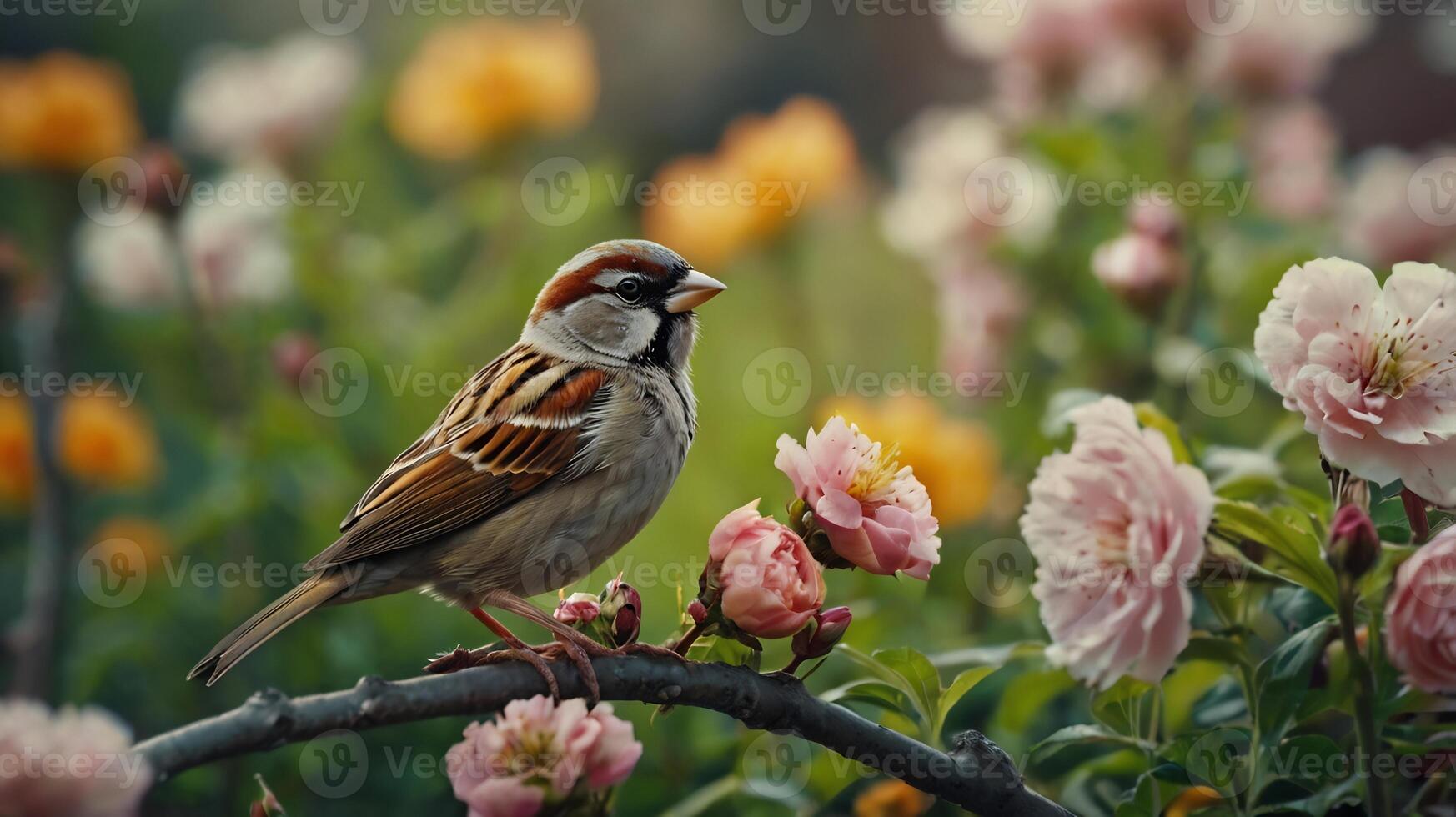 A sparrow sits on a branch in front of flowers photo