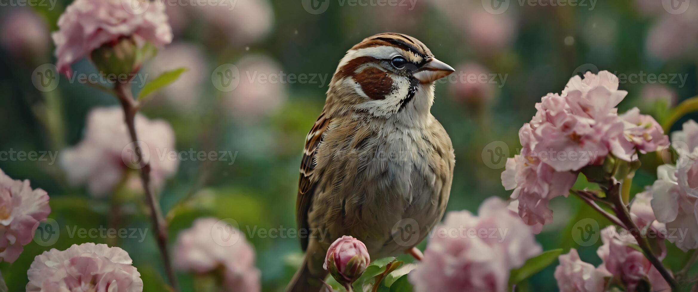 A bird is sitting on top of some pink flowers photo