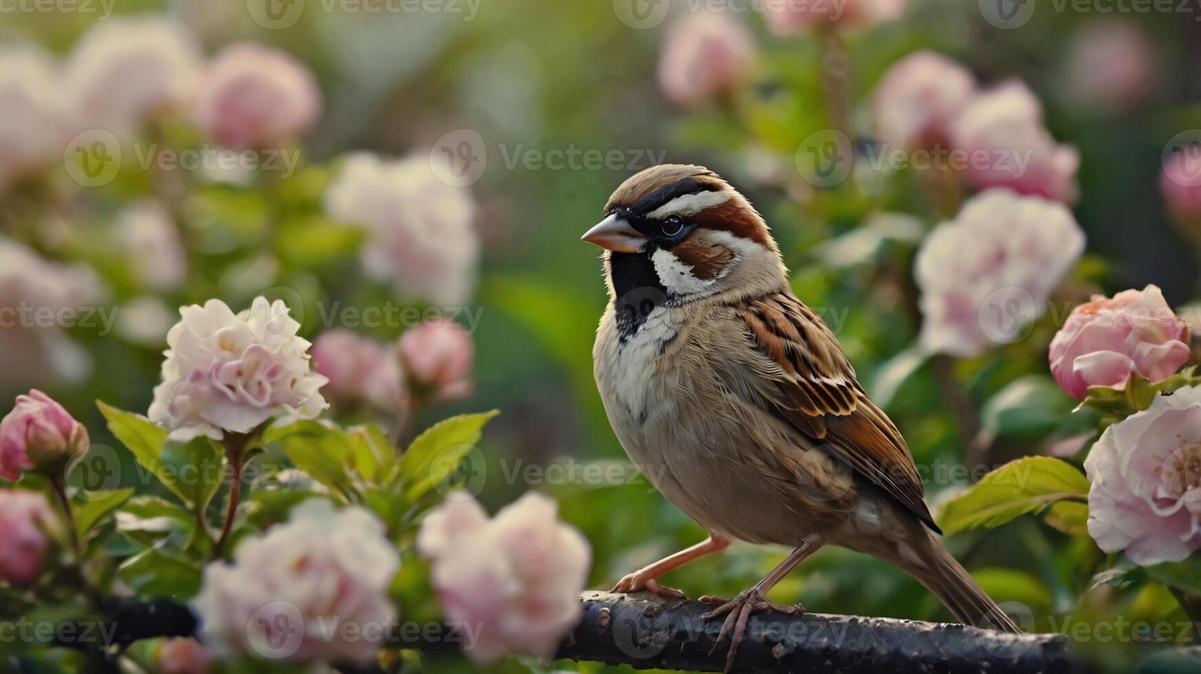 A bird is sitting on a branch in front of pink flowers photo