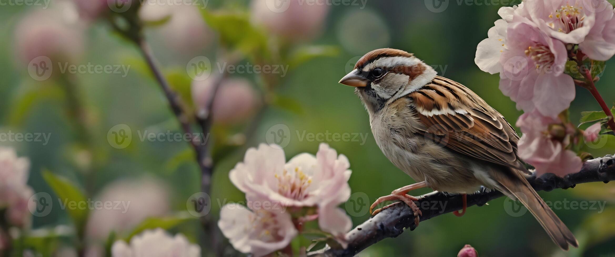 A bird sits on a branch with pink flowers photo