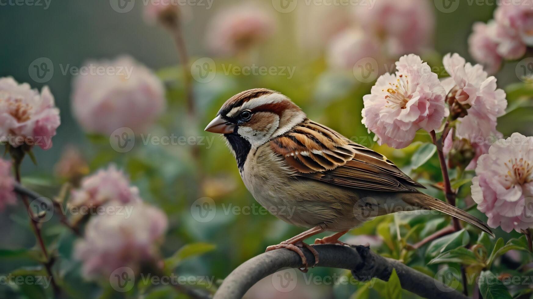 A bird is sitting on a branch with pink flowers photo