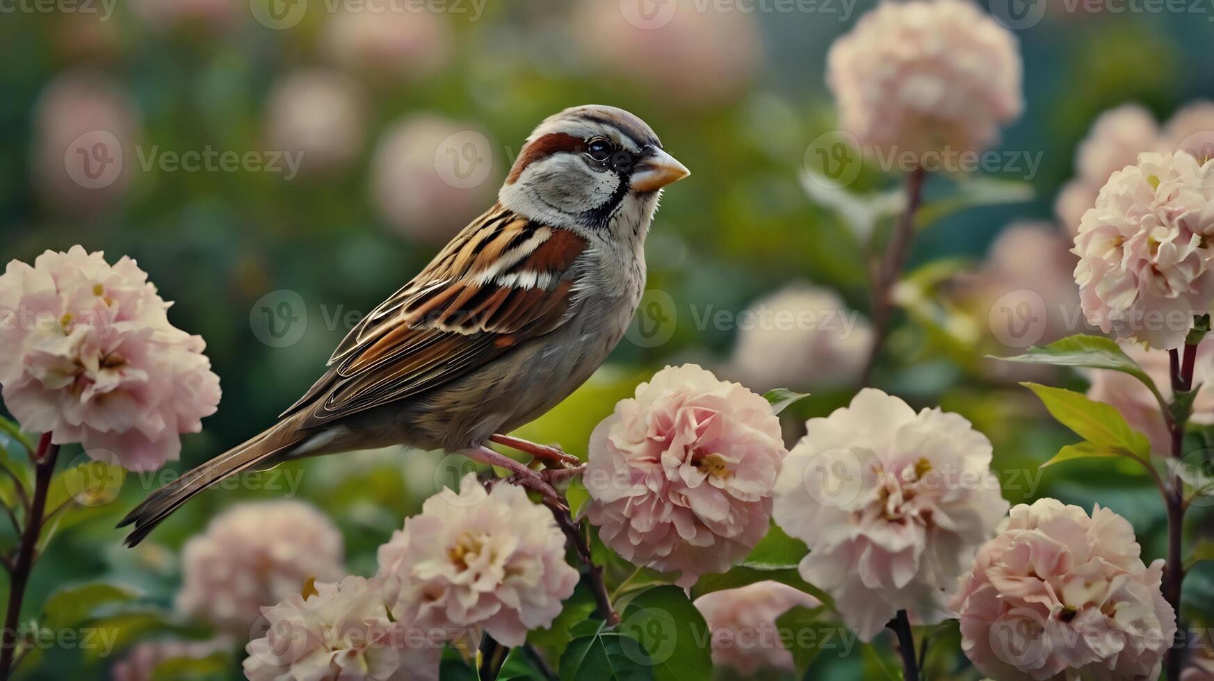 A sparrow is perched on some pink flowers photo