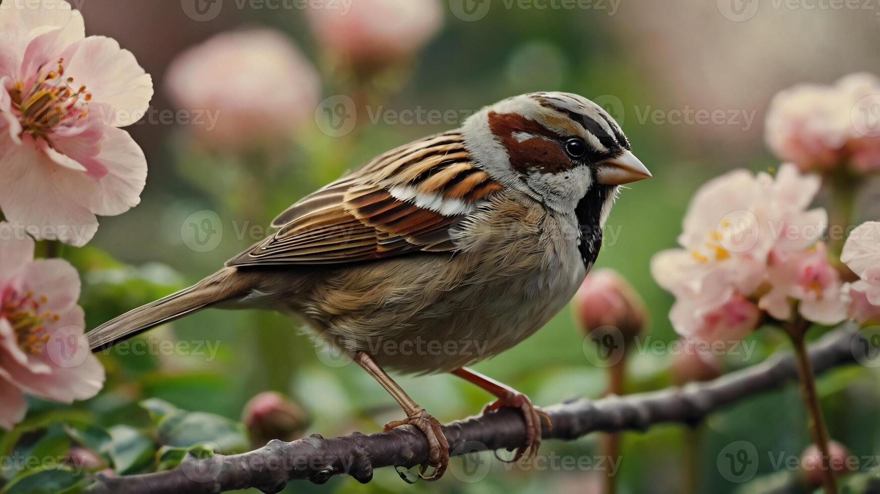 A bird is sitting on a branch with pink flowers photo