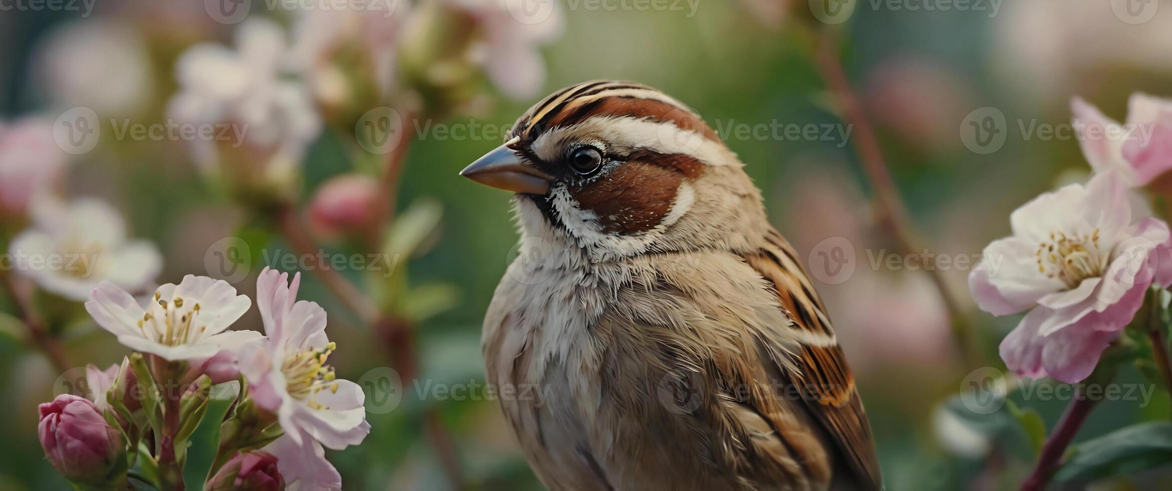 A bird is sitting on top of some flowers photo