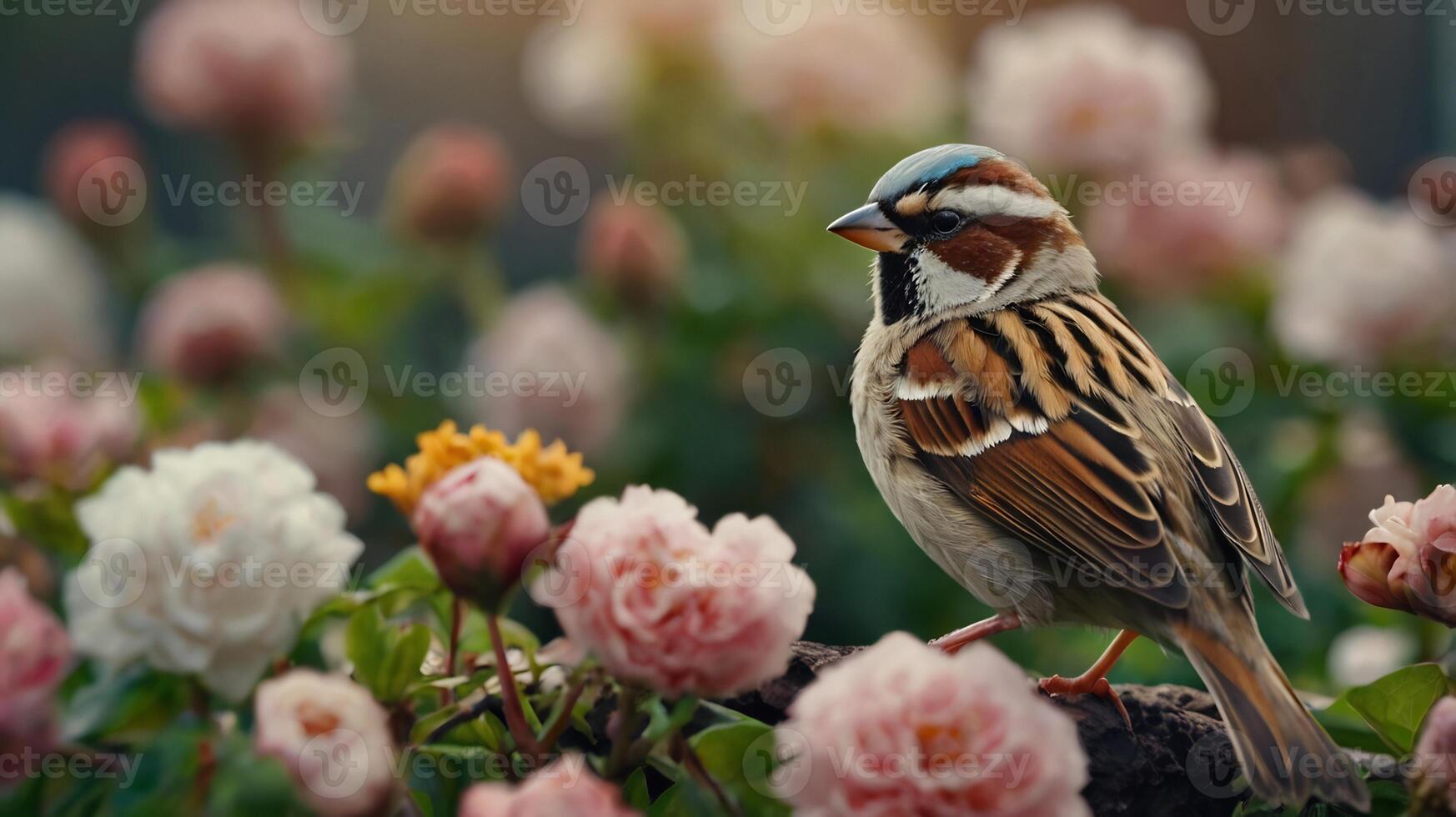 A bird is sitting on a branch in front of some flowers photo