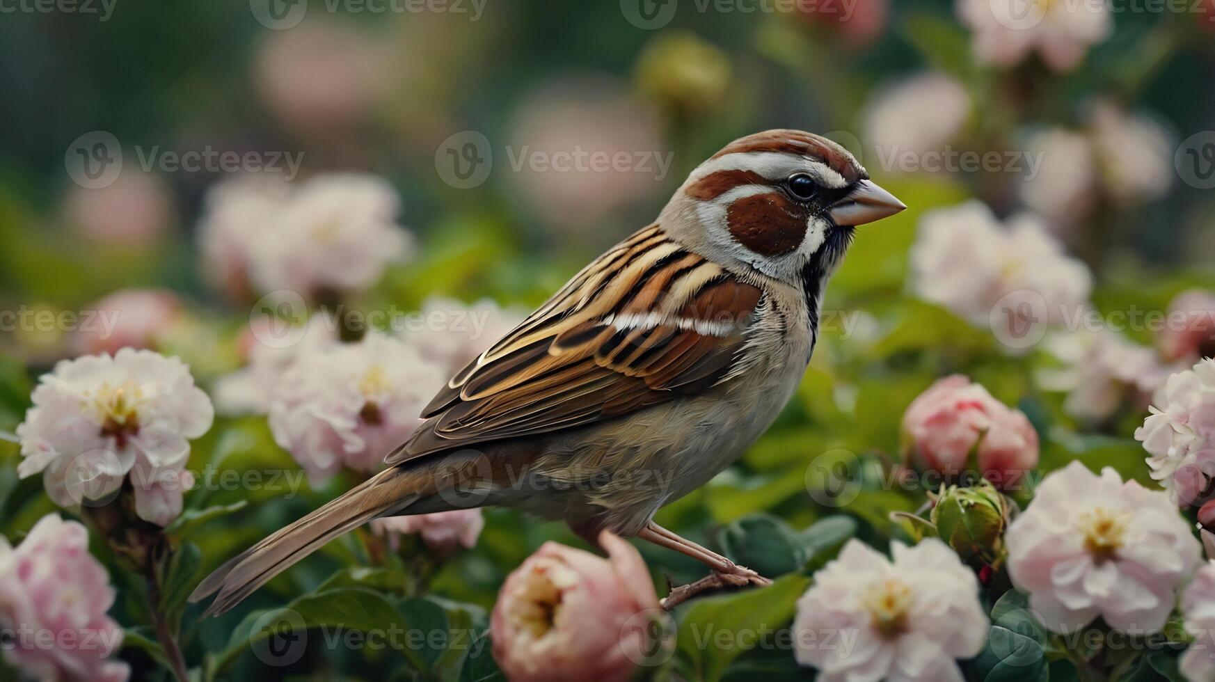 A sparrow is sitting on some flowers photo