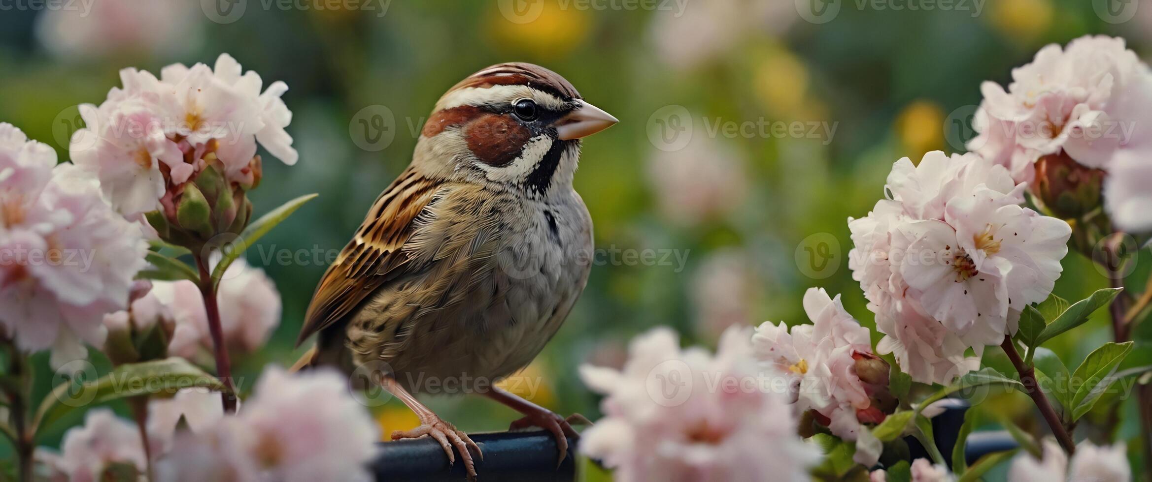 A bird is sitting on a branch in front of pink flowers photo