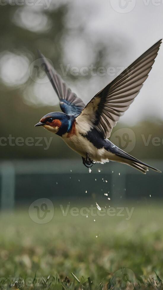 A bird flying over a green field with grass photo