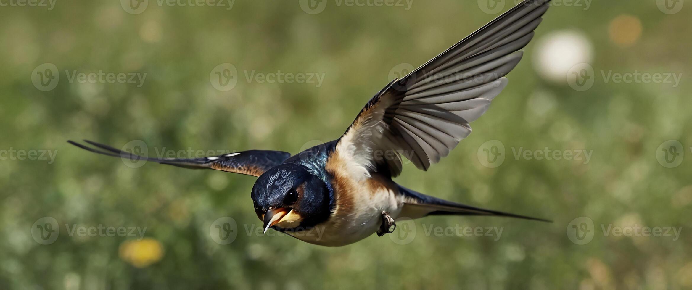 A bird flying over a field with grass in the background photo