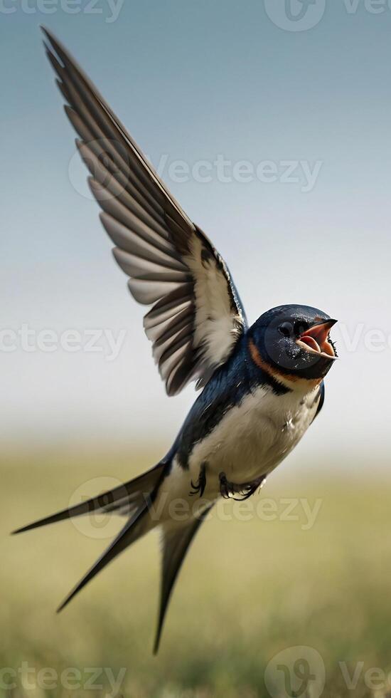 A bird flying in the air with its mouth open photo