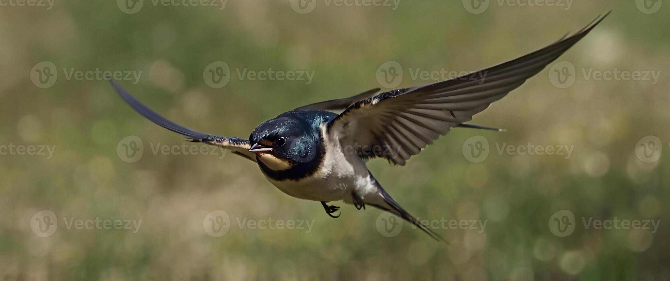 A bird flying over a field with its wings spread photo