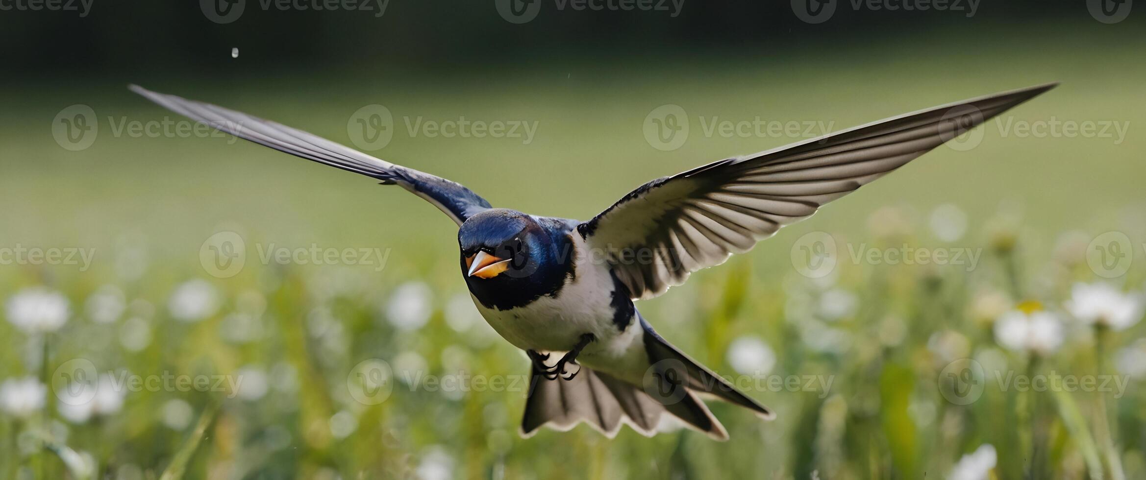 A bird flying over a field of grass photo