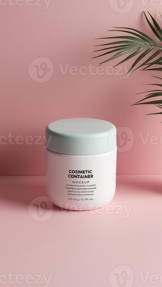 Pink and white container with a palm tree on a pink background photo