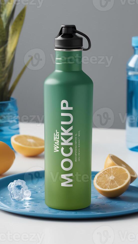 Water bottle mockup on a plate photo