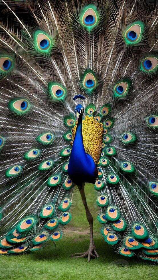 A peacock with its feathers spread out photo