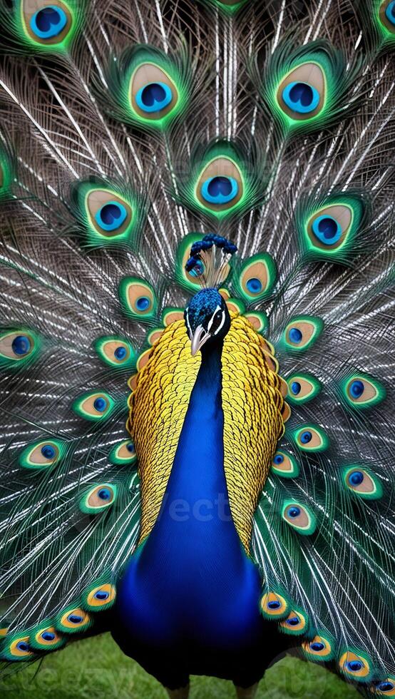 A peacock with its feathers out photo
