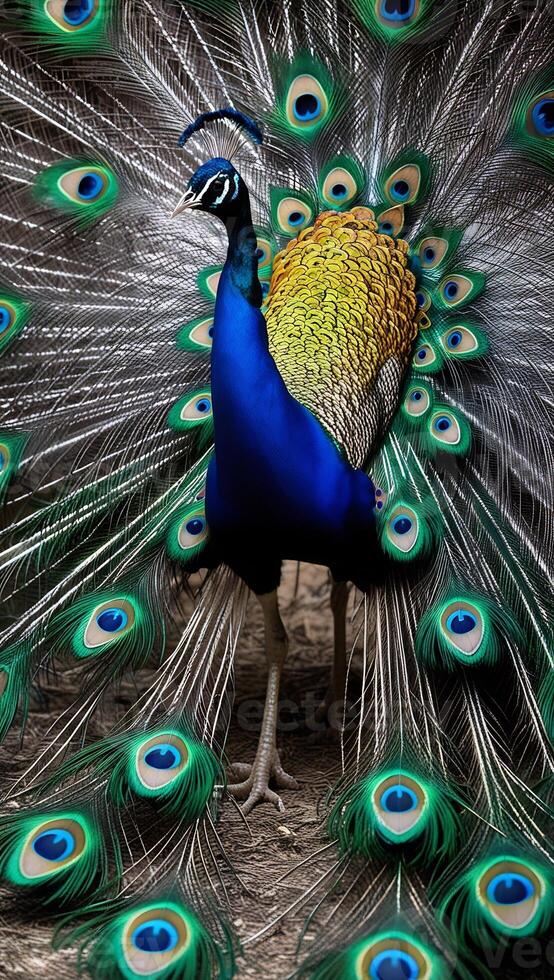 A peacock is displaying its feathers in the wild photo
