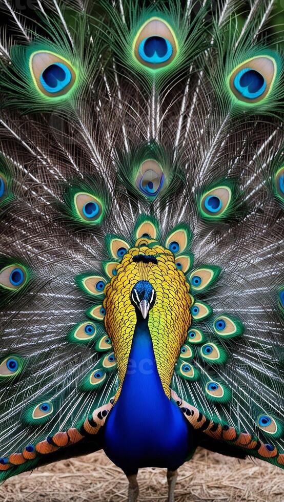 A peacock with its feathers spread out photo