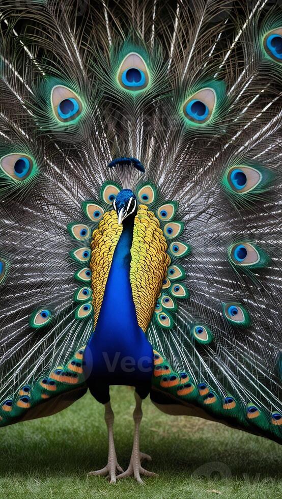 A peacock with its feathers open photo