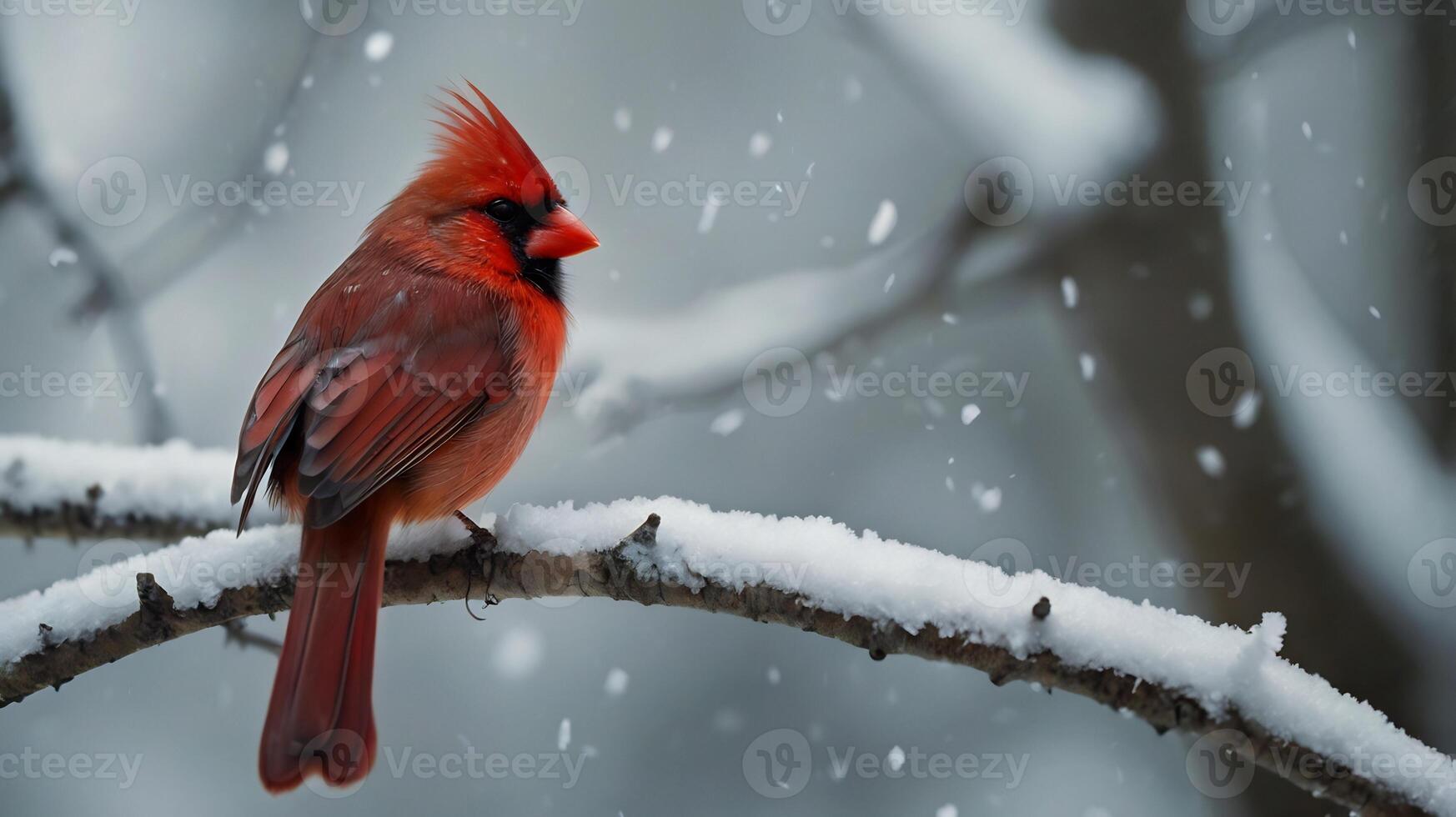 A red bird sits on a branch in the snow photo