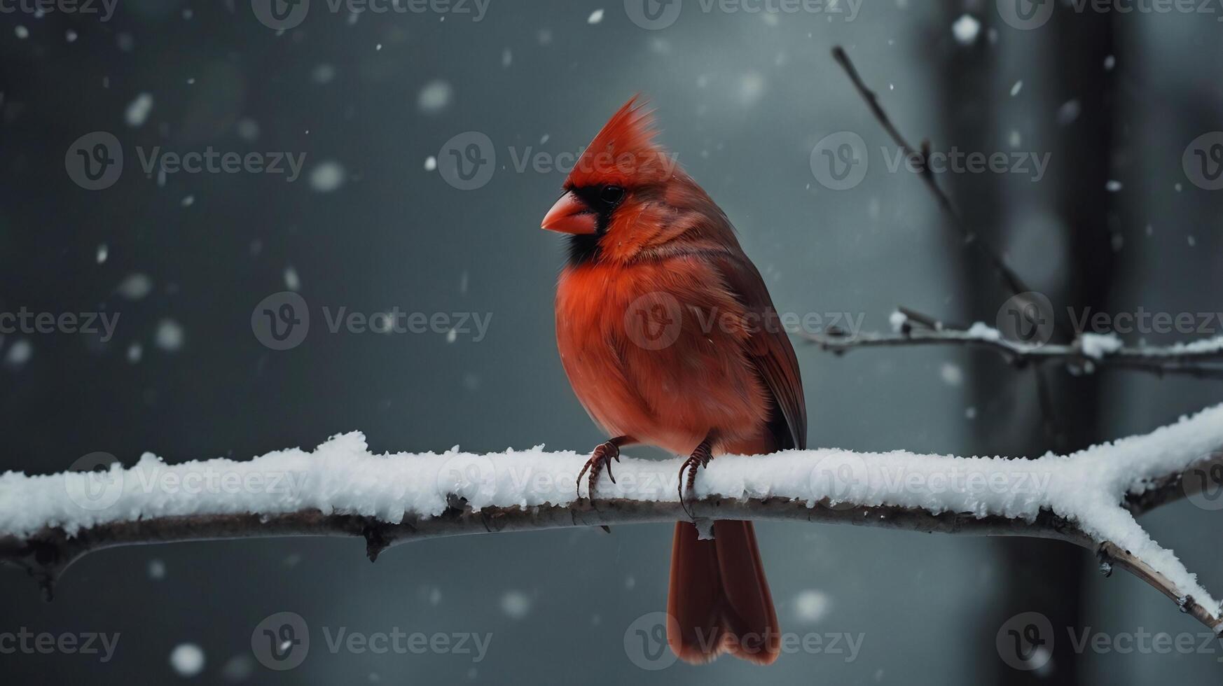 A red bird sits on a branch in the snow photo