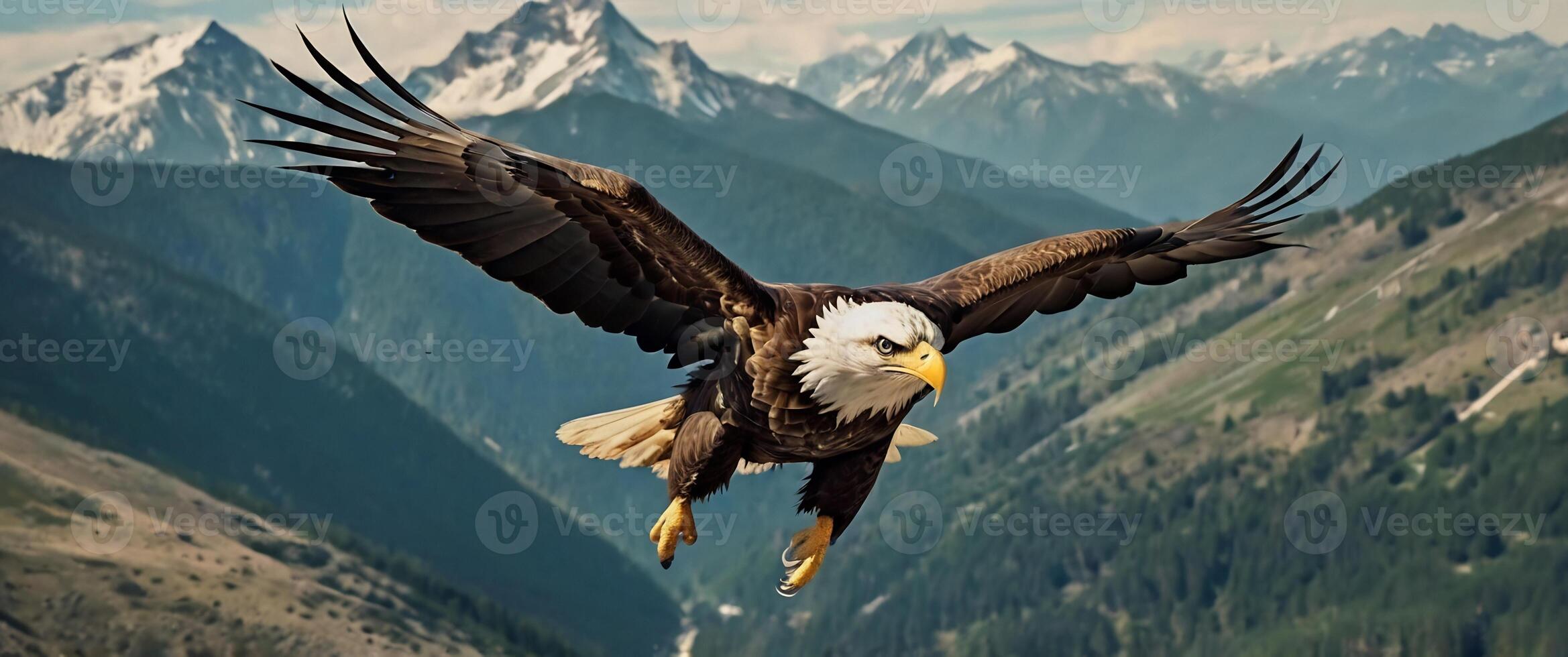 An eagle flying over a mountain range photo