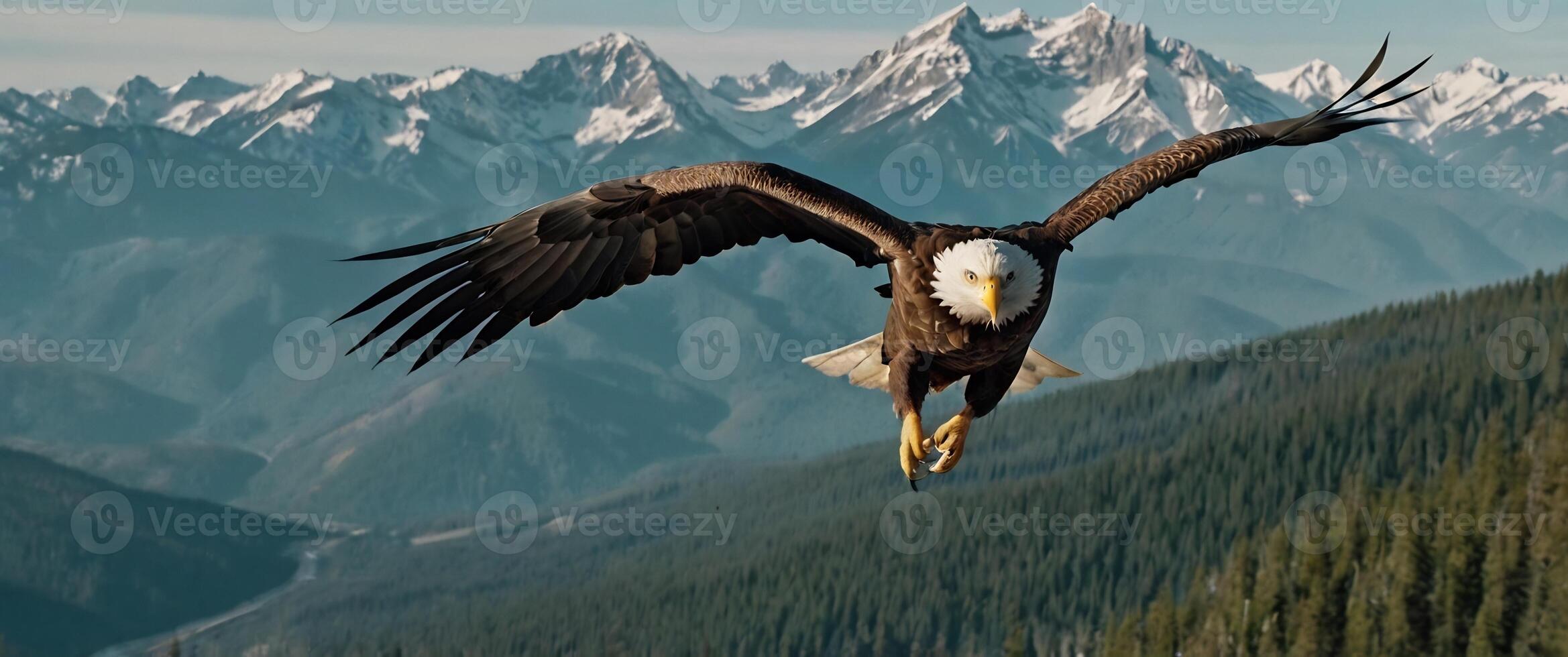 A bald eagle flying over a mountain range photo
