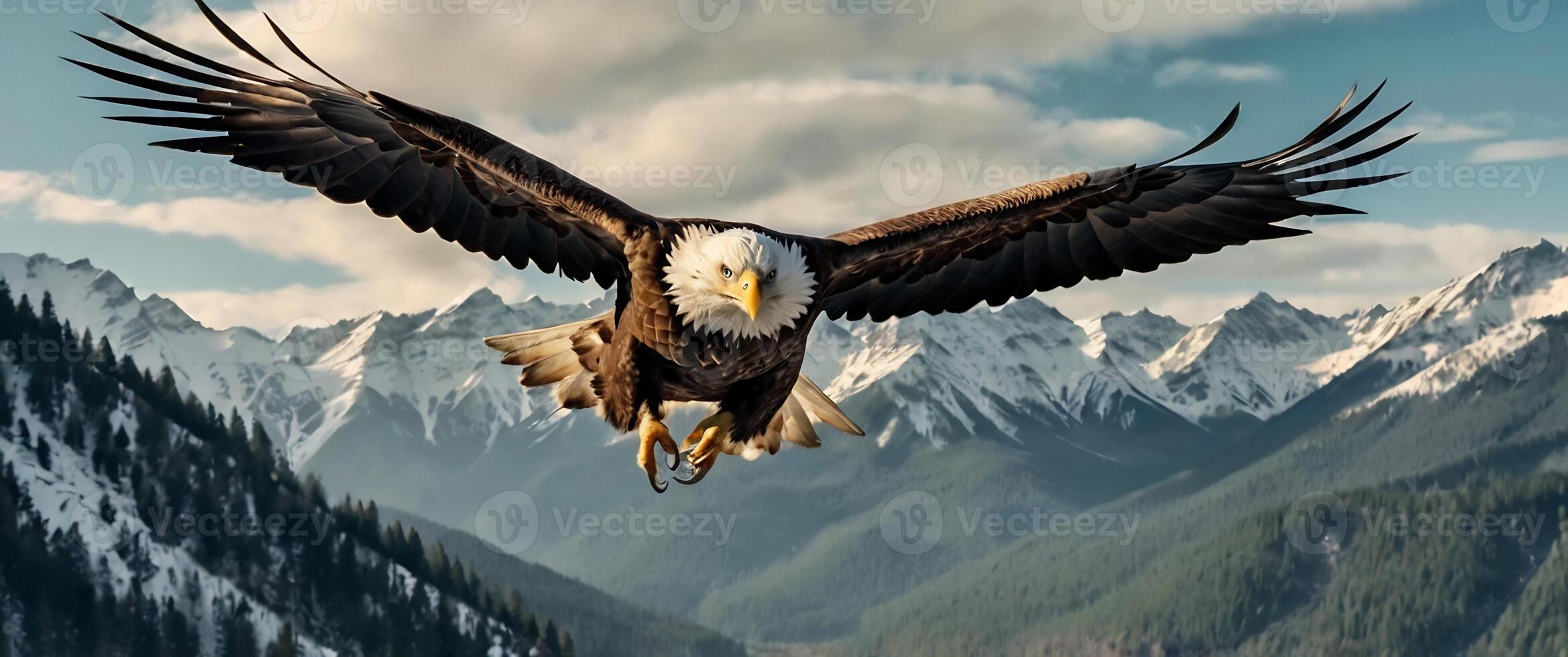 An eagle flying over a mountain range with snow photo