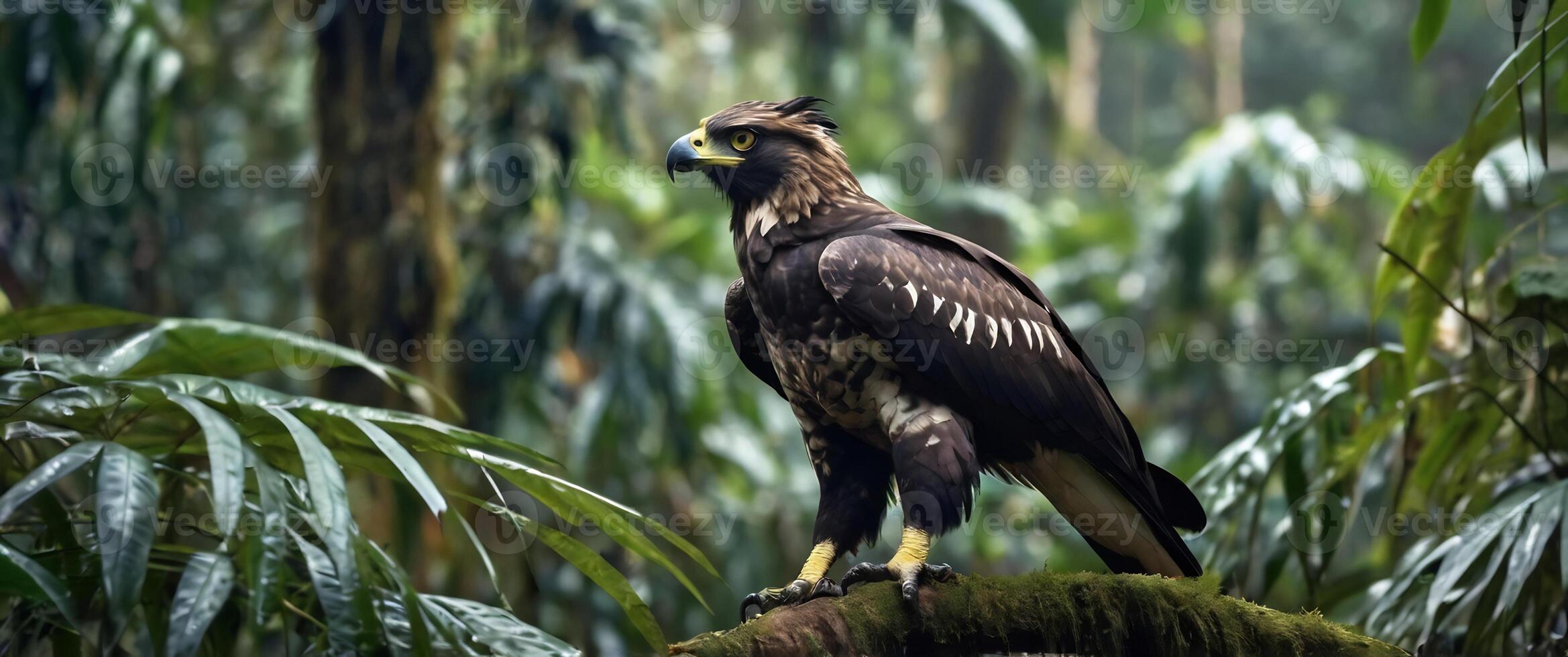 An eagle is perched on a branch in the jungle photo